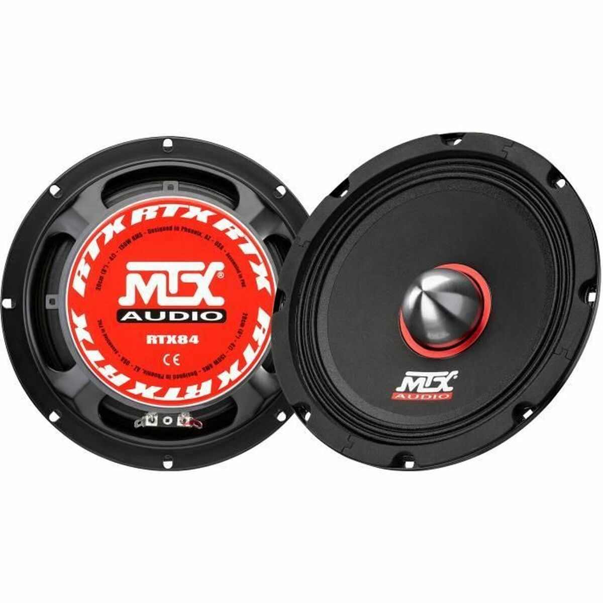 Zwei schwarze MTX Audio RTX84 Lautsprecher mit rotem Akzent.