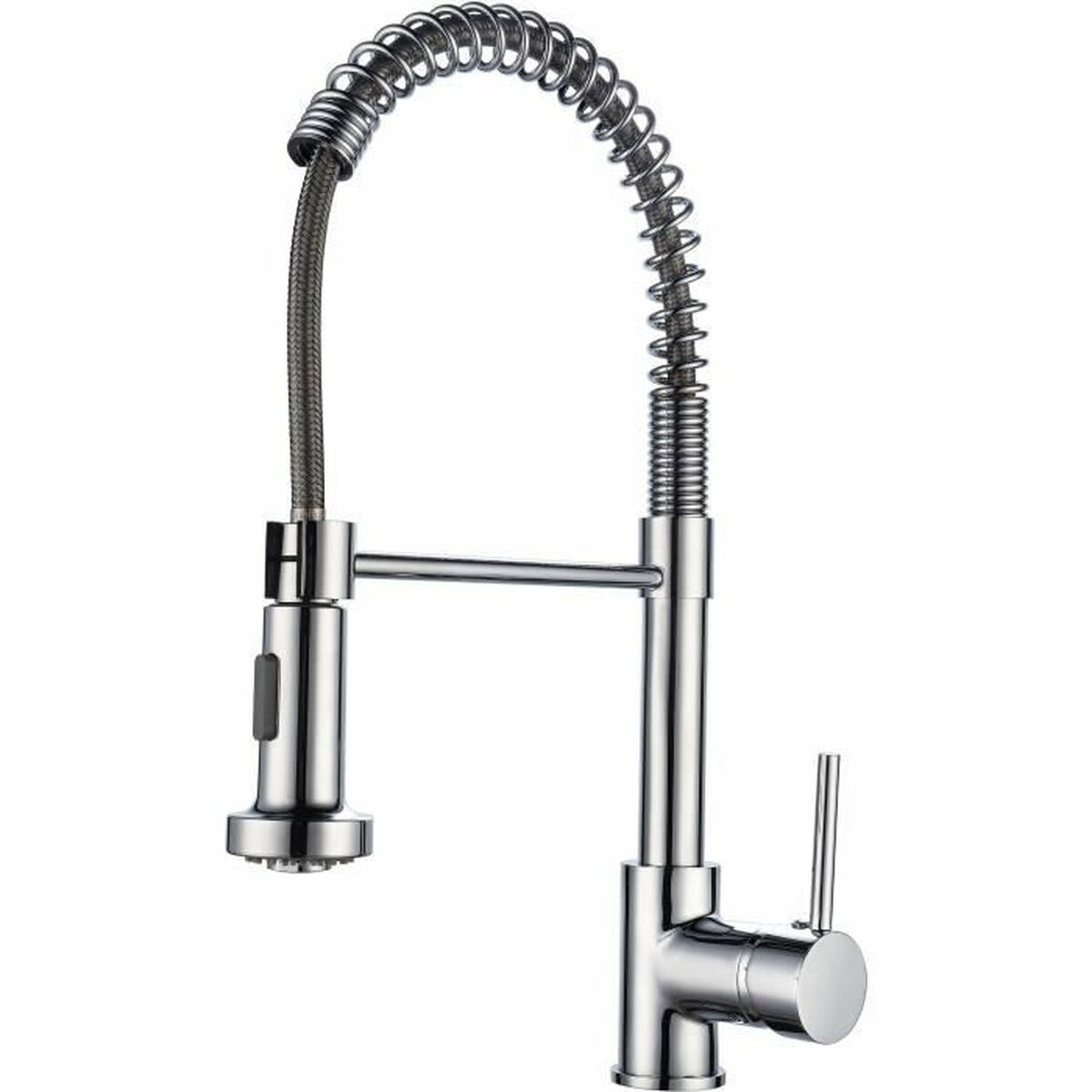 Rubinetto da cucina cromato con doccetta estraibile e tubo a spirale.