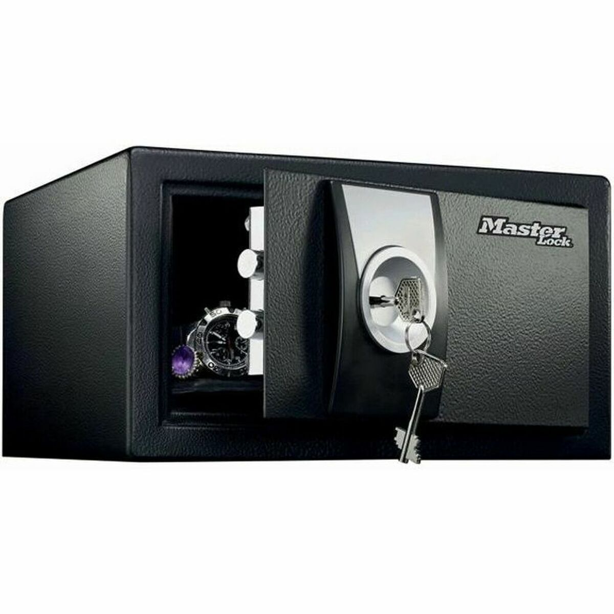 Caja fuerte Master Lock negra, abierta, con llave en la cerradura, reloj y anillo dentro.