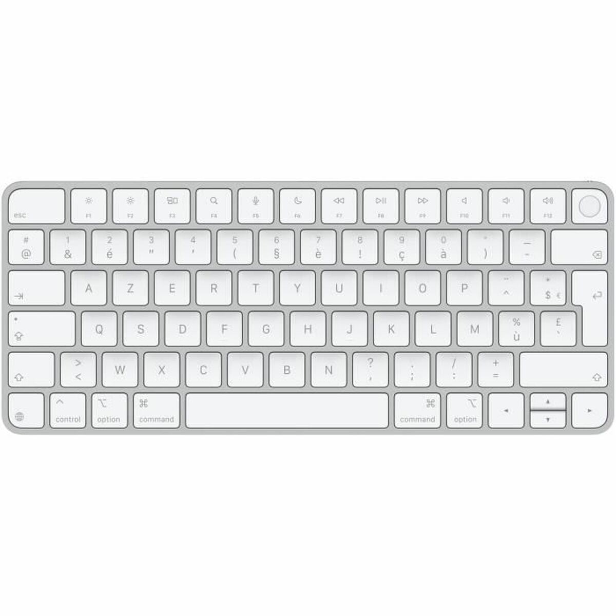 Una tastiera Apple Magic Keyboard bianca con tastierino numerico. I tasti sono argentati.