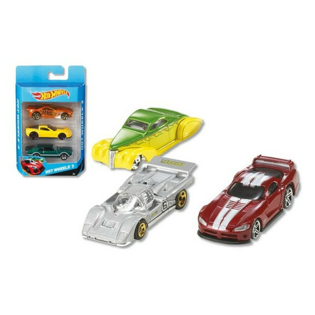 Coches Hot Wheels: cuatro en paquete, tres sueltos. Se muestran coches plateados, rojos y verde/amarillo.