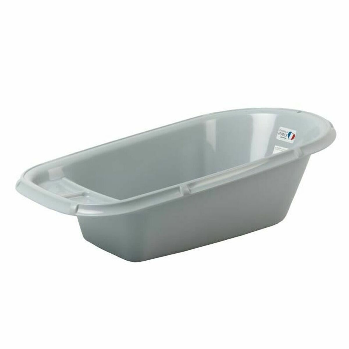 Eine graue Babybadewanne steht leer.