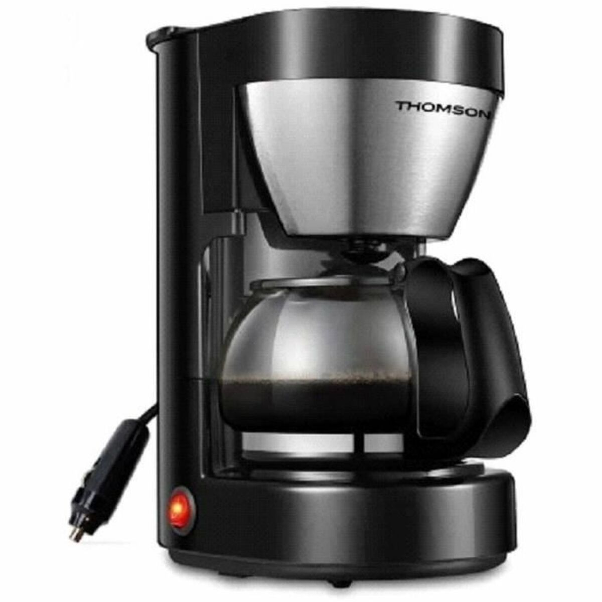 Macchina da caffè Thomson nera con caraffa in vetro e cavo.
