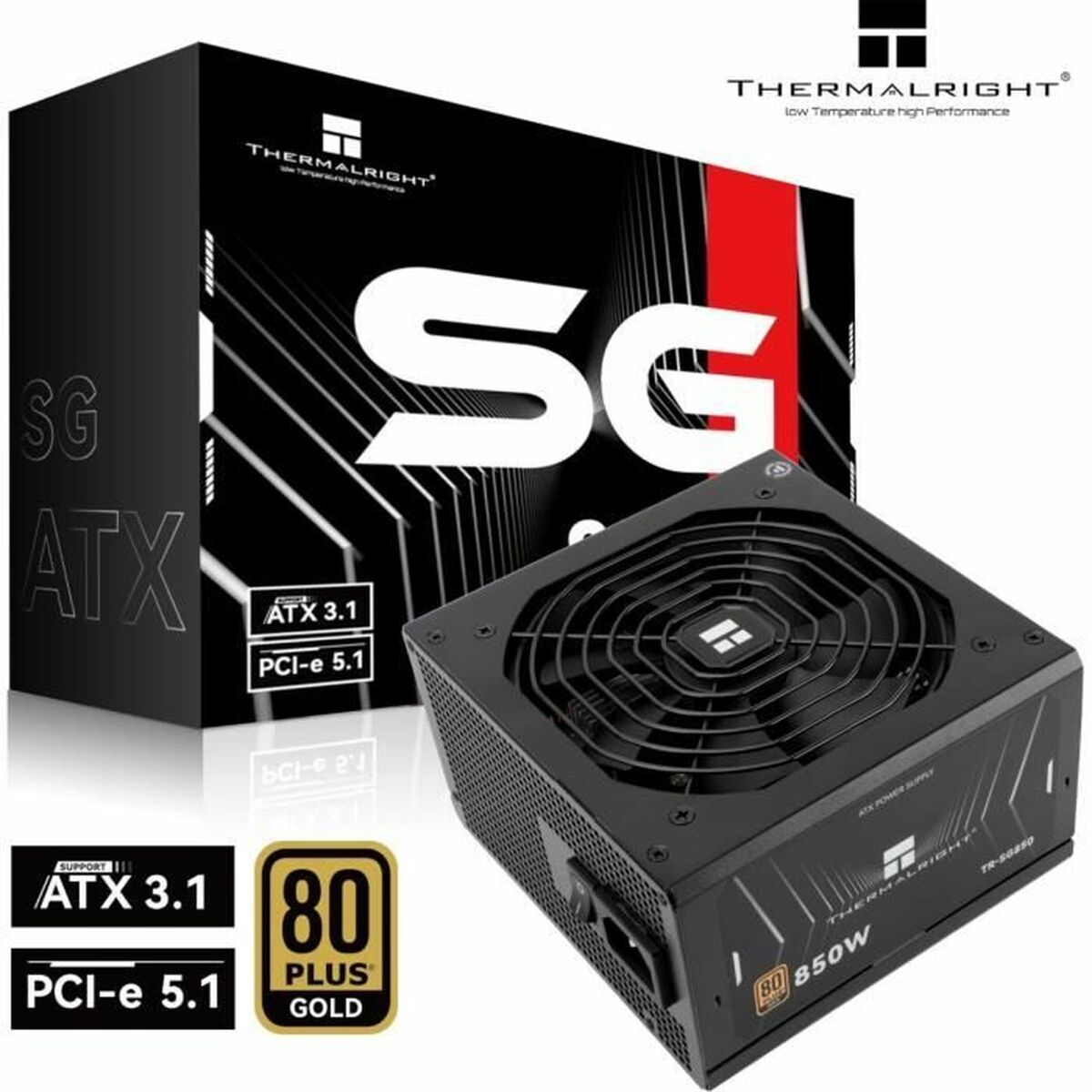 Czarny zasilacz Thermalright 850W ATX 3.1, PCIe 5.1 i pudełko.