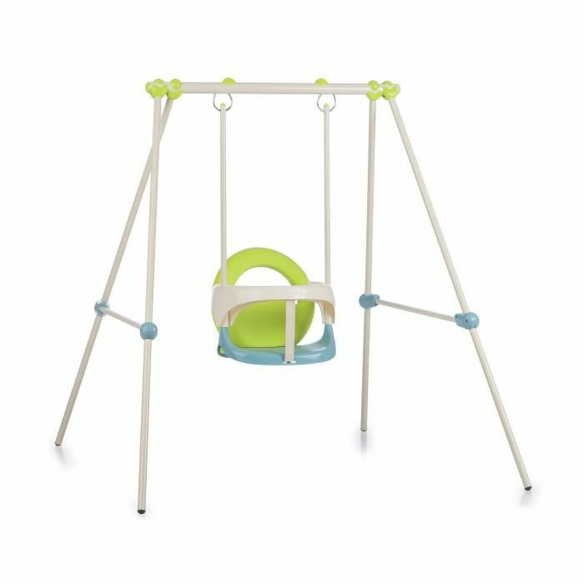 Ein beigefarbener Metallrahmen mit einer grünen und blauen Babyschaukel mit weißem Sicherheitsbügel.