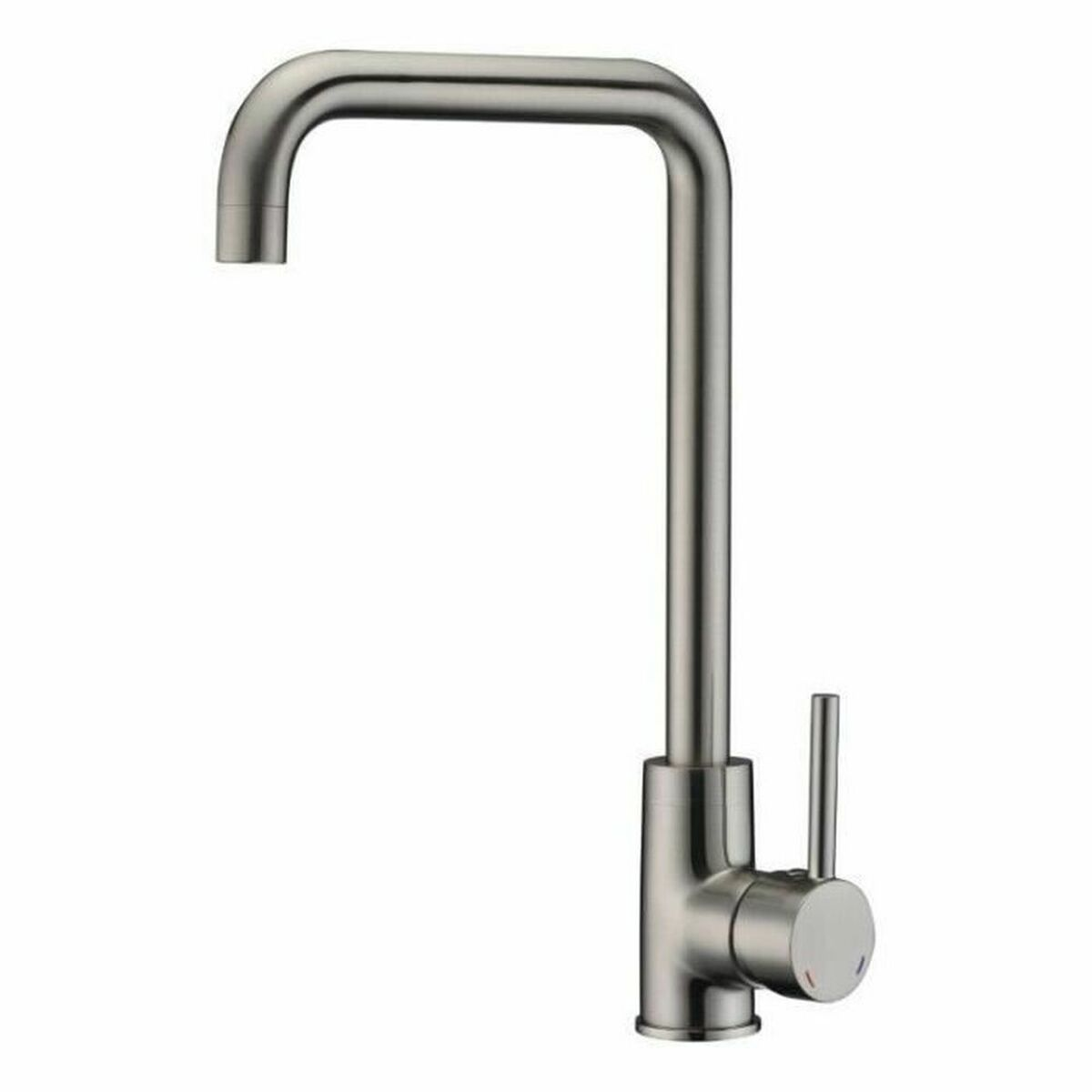 Ein moderner, gebürsteter Nickel Wasserhahn mit einem hohen, gebogenen Auslauf und einem Hebelgriff.
