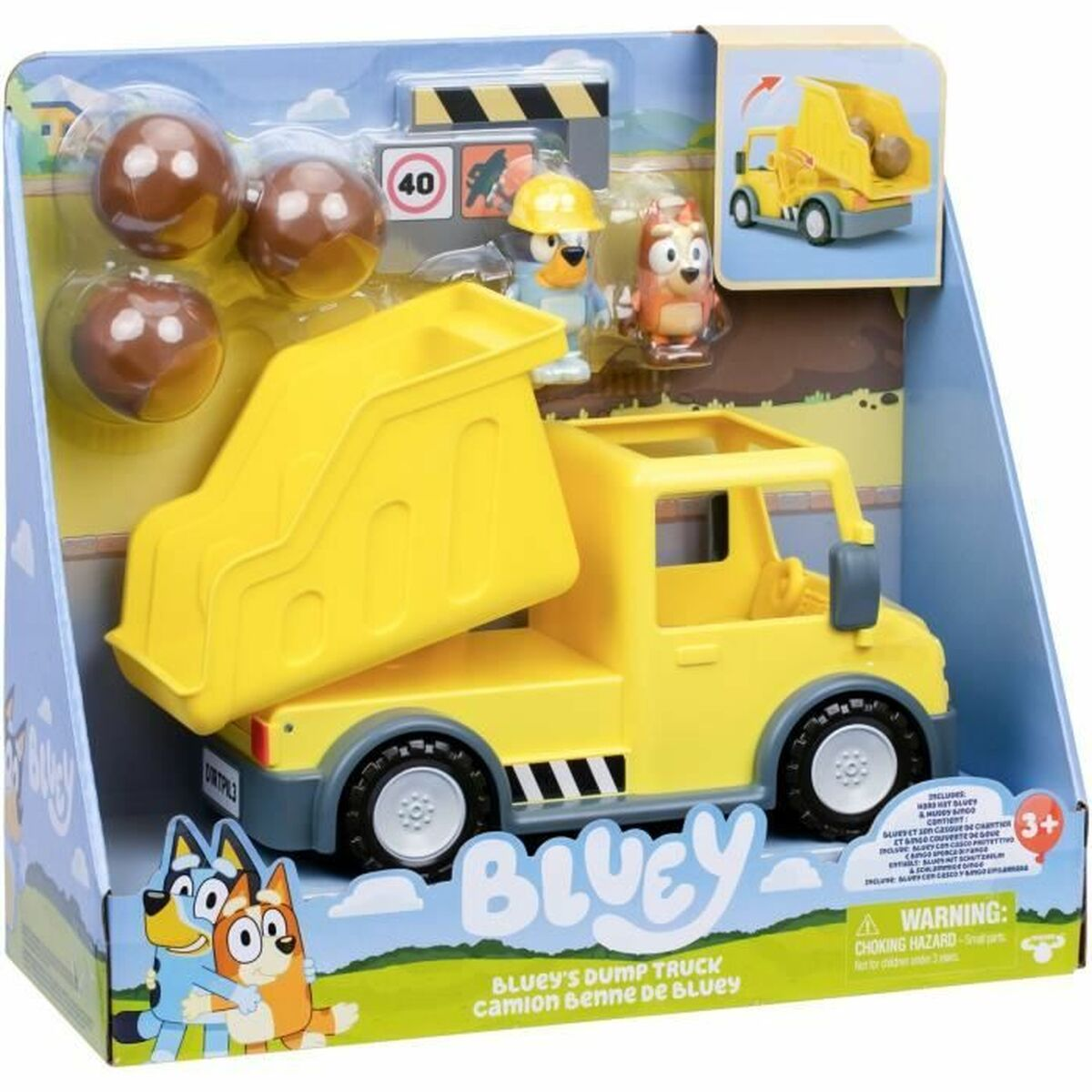 Camion dumper giallo Bluey con figure e palline marroni in confezione.