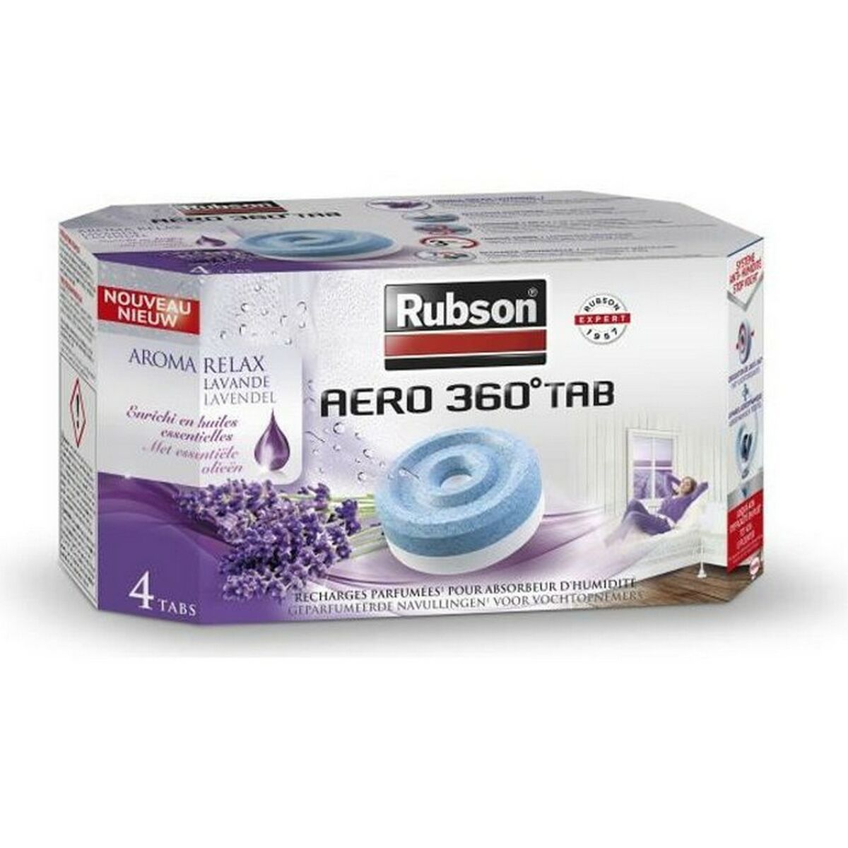 Rubson AERO 360°TAB Tabs lavanda. Contiene 4 tab per assorbitori di umidità.