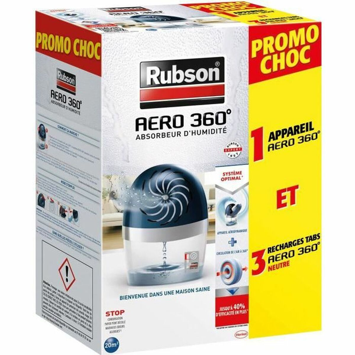 Confezione del deumidificatore Rubson Aero 360 con immagine prodotto e testo promozionale.