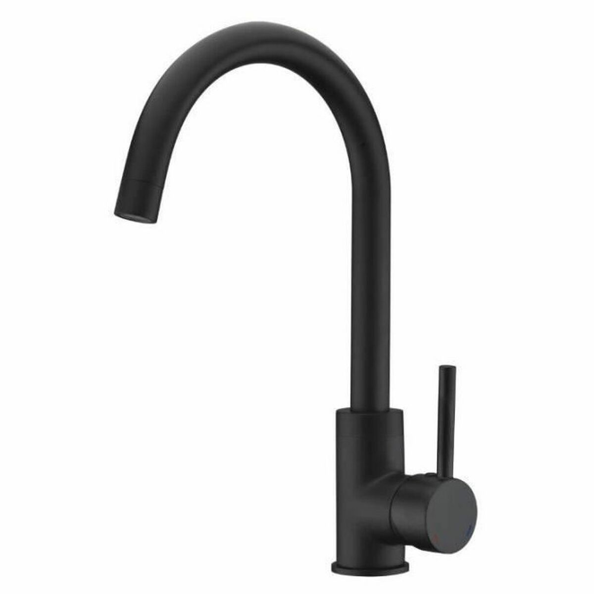 Ein schwarzer Wasserhahn mit einem gebogenen Auslauf und einem Griff.