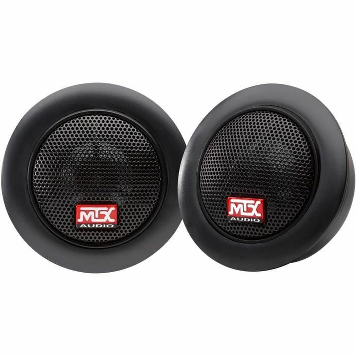Zwei schwarze MSX Audio-Lautsprecher mit rot-weißen Logos.