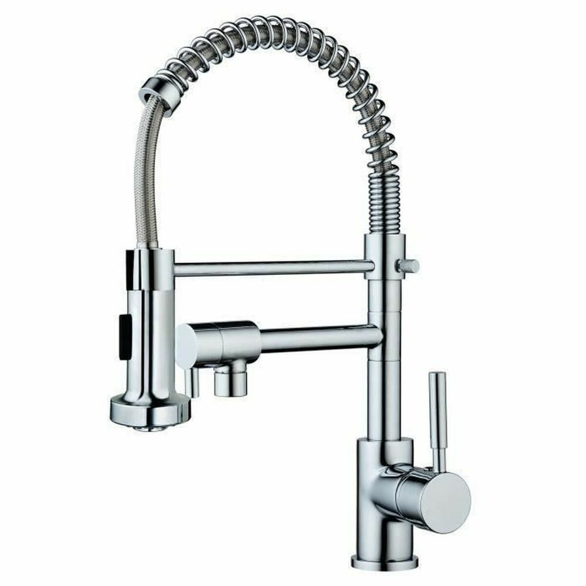Chrom-Küchenarmatur mit ausziehbarem Schlauch und Federarm.