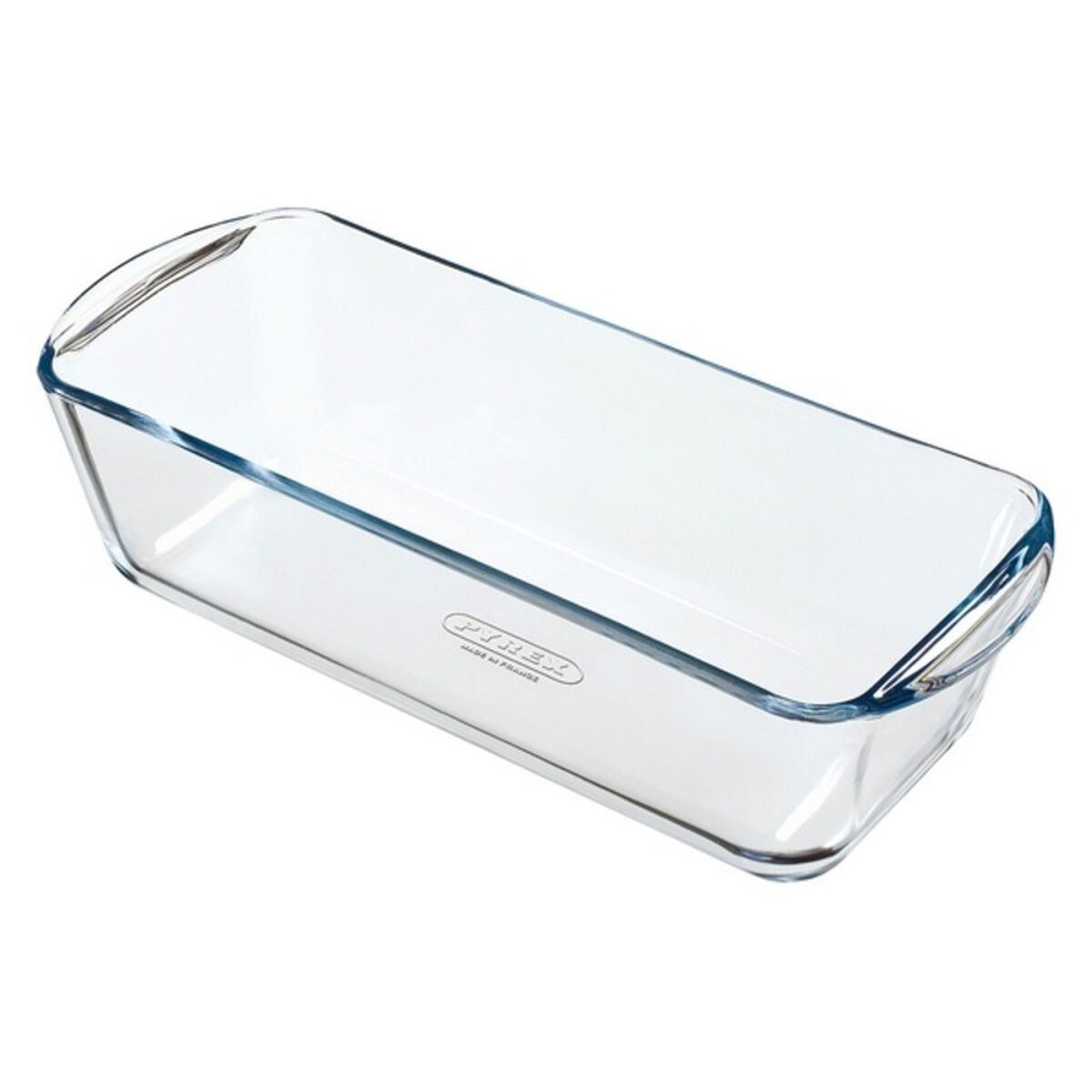 Eine rechteckige, durchsichtige Glasbackform von Pyrex mit gerundeten Ecken.