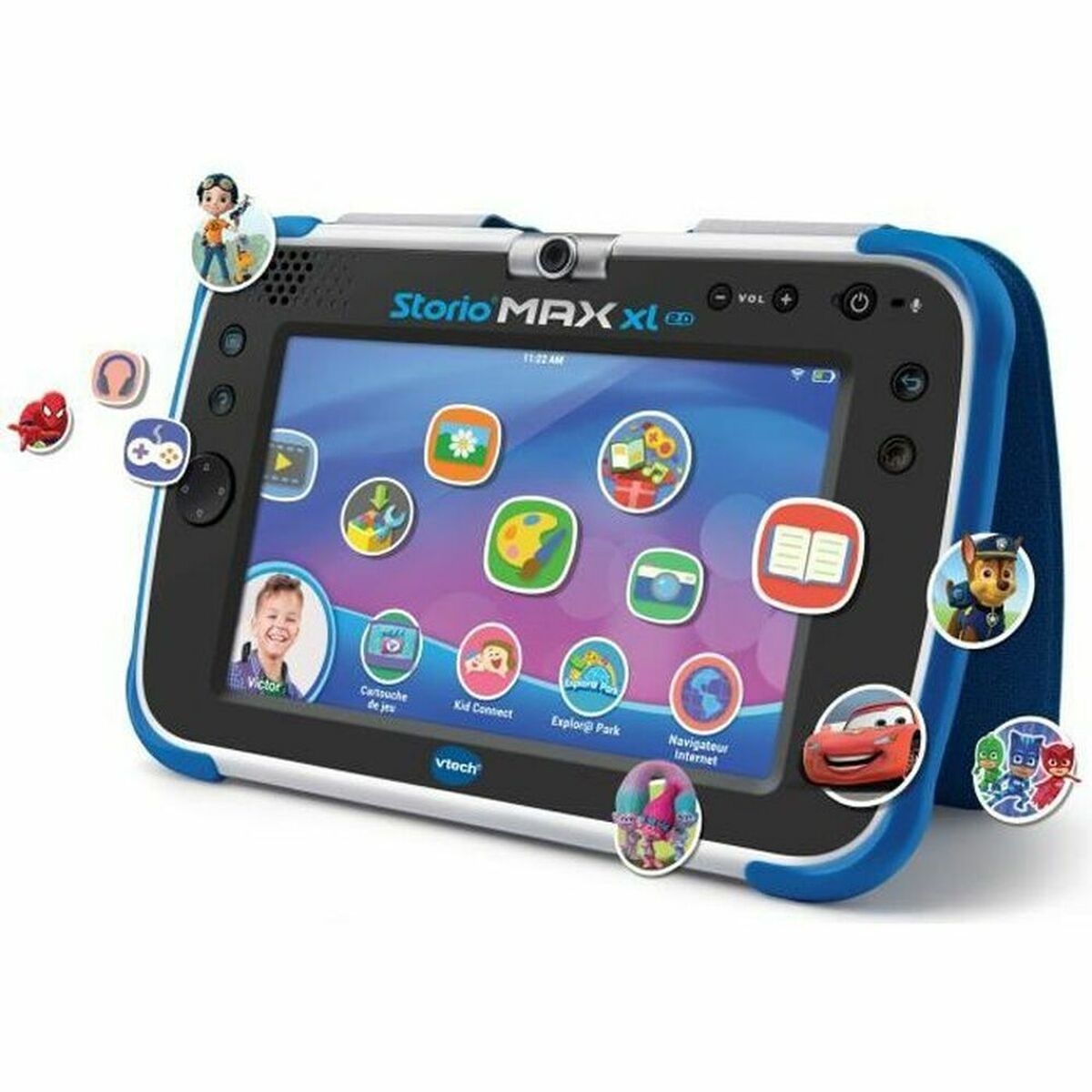 Una tableta VTech Storio MAX XL azul y negra con varios íconos de aplicaciones y personajes.