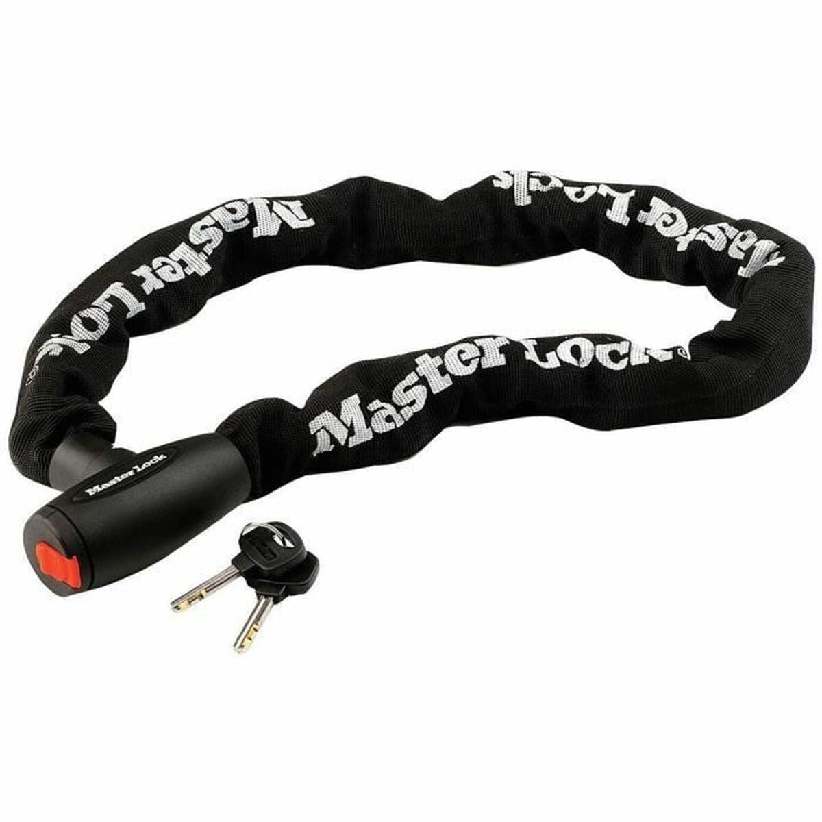 Lucchetto a catena nero con scritta bianca 'Master Lock' e due chiavi.