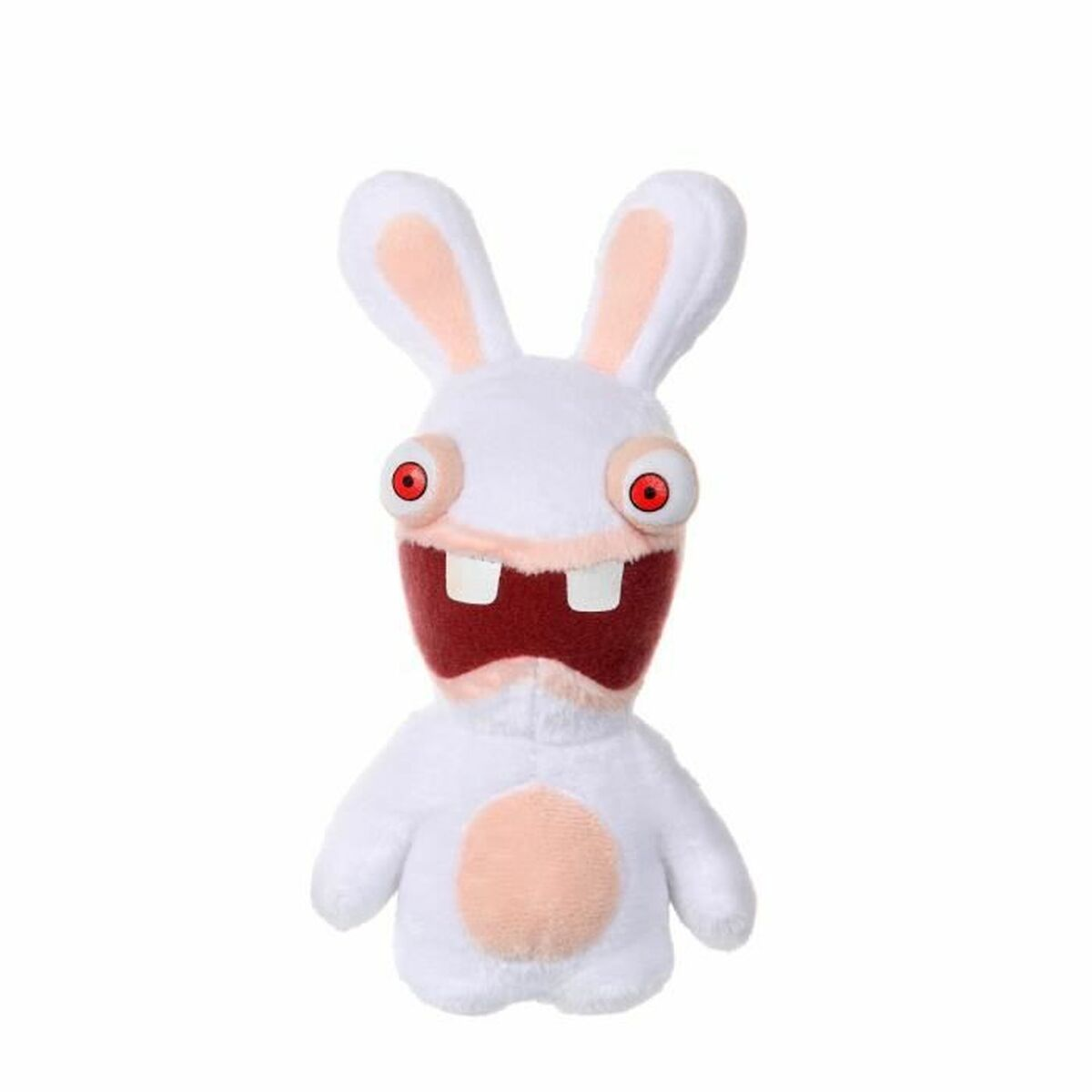 Une peluche blanche aux grands yeux rouges et à la large bouche montrant deux dents.