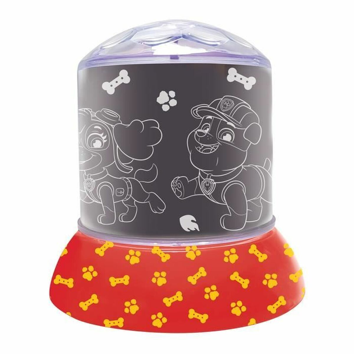 Ein Paw Patrol Nachtlicht mit zwei Hunden, Knochen und Pfotenabdrücken auf rotem Sockel.