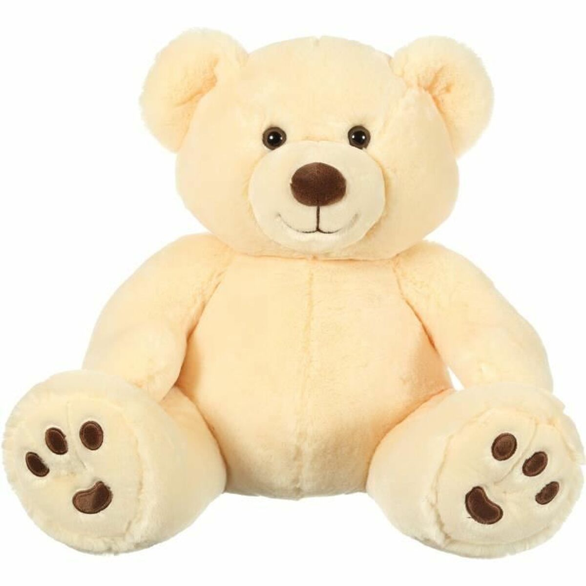Ein hellbeiger Teddybär sitzt aufrecht mit braunen Pfotenabdrücken.