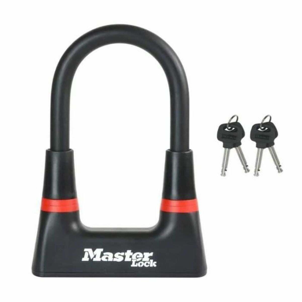 Un lucchetto a U nero Master Lock con due chiavi.