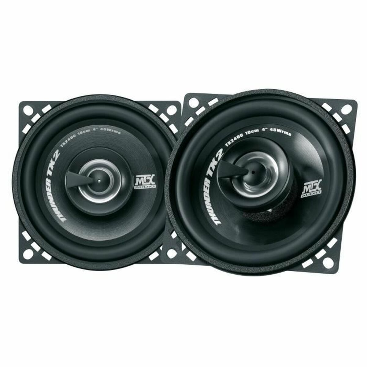 Zwei schwarze Autolautsprecher mit Metallgittern und MX AUDIO-Logo.