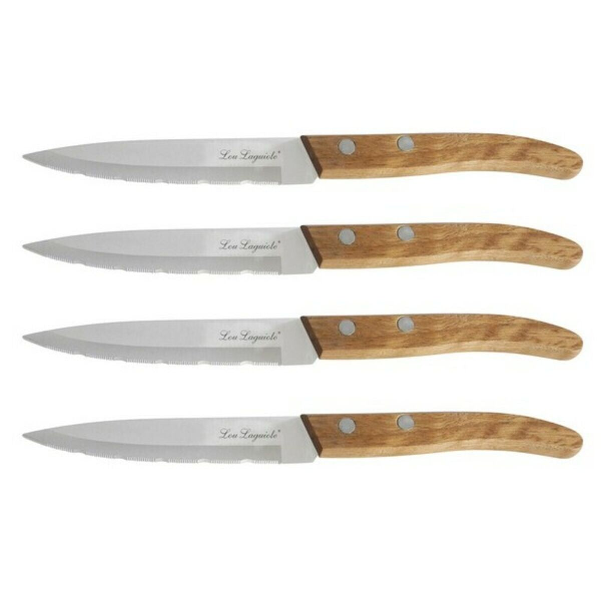 Vier Laguiole-Messer mit Holzklingen und gezackten Klingen liegen nebeneinander.