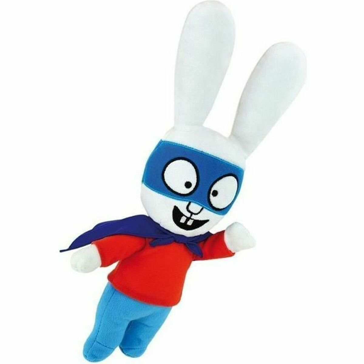 Plüschhase im Superhelden-Kostüm, rot-blau, mit Maske und Umhang.
