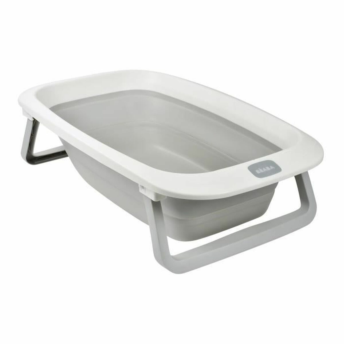 Graue und weiße Babybadewanne auf ausklappbaren Beinen.