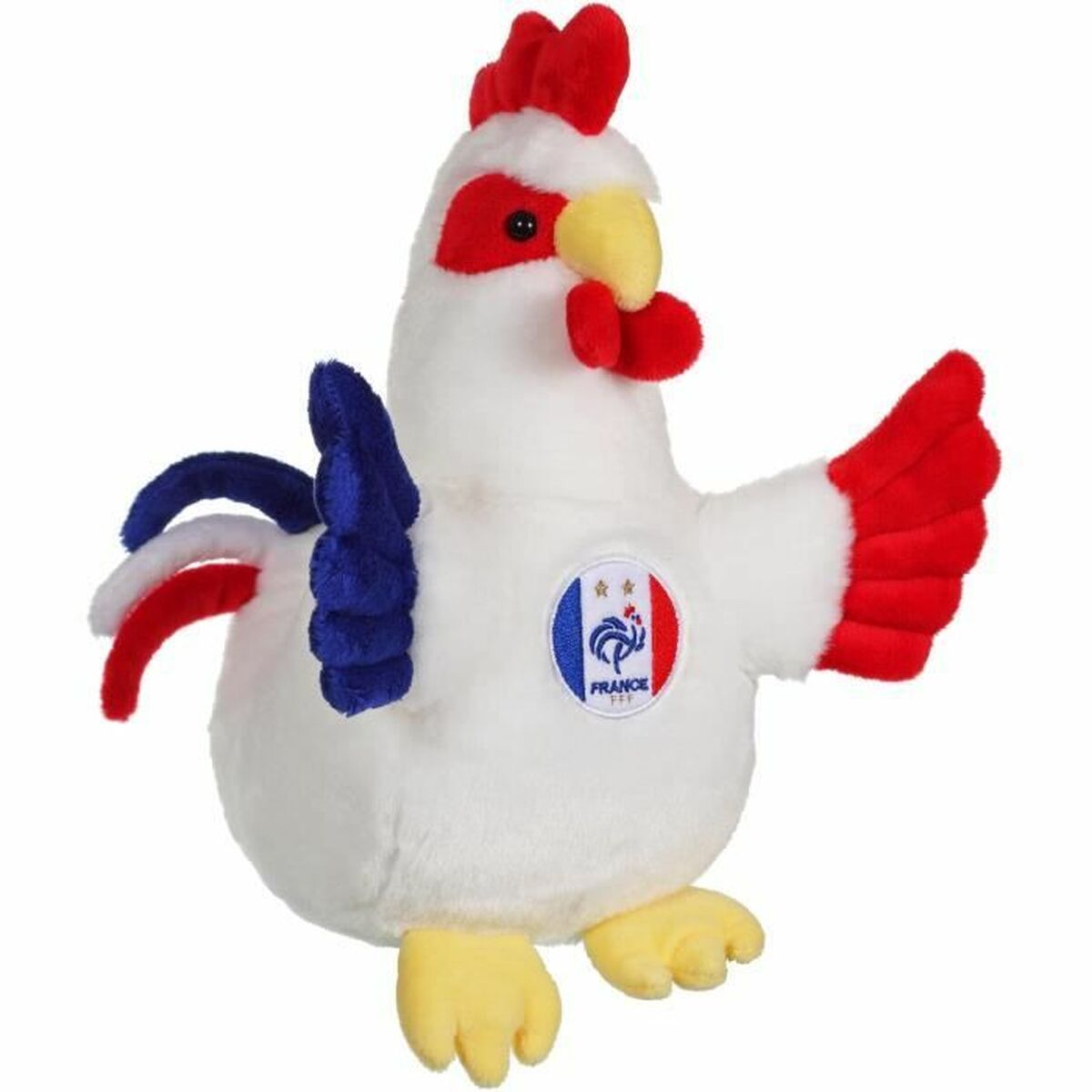 Ein Plüschtier-Hahn in Weiß mit roten und blauen Akzenten, trägt ein Frankreich-Logo.