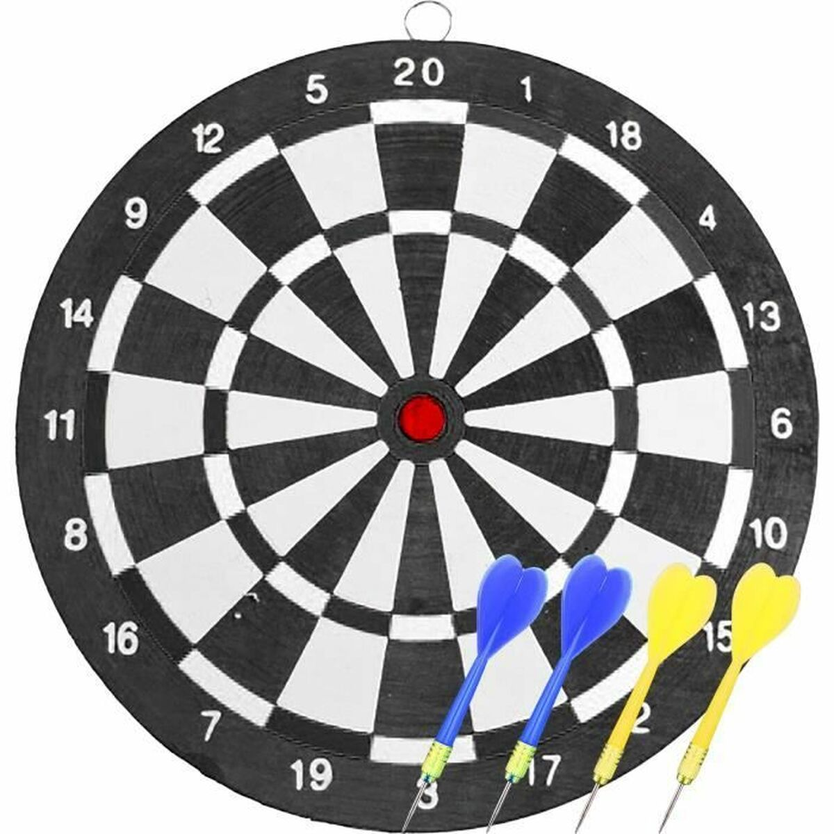 Dartscheibe mit drei Darts in Blau und Gelb, vorne.