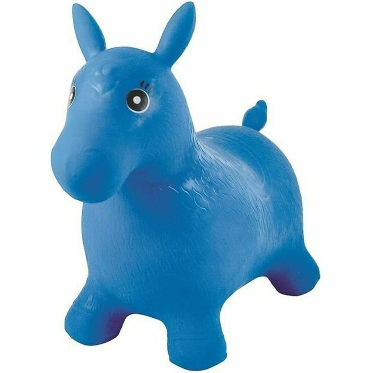 Un caballo inflable azul sobre un fondo blanco.