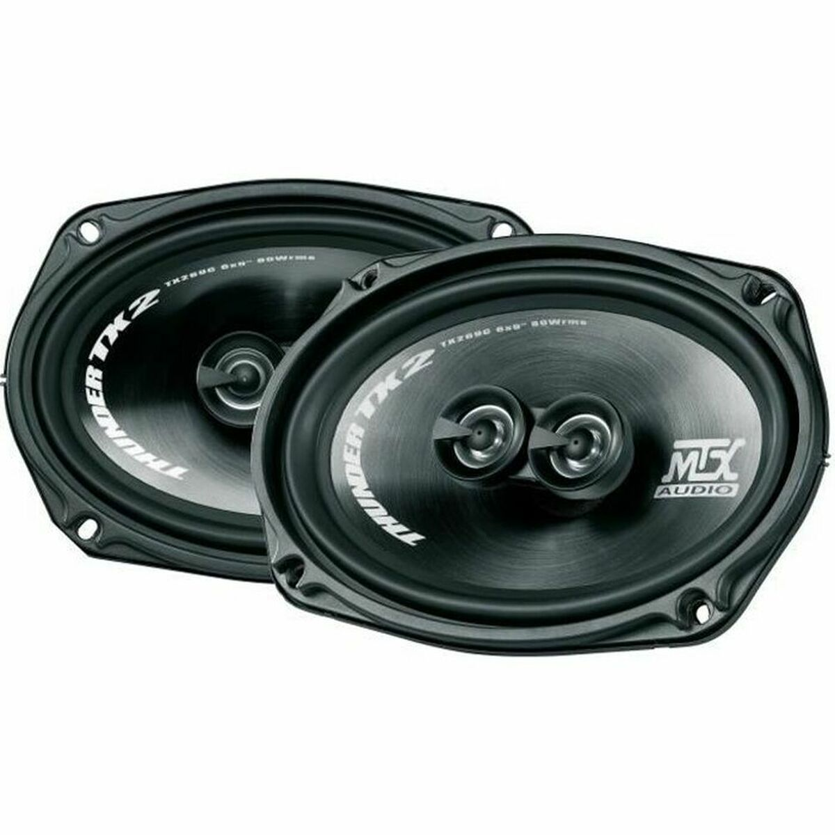 Zwei schwarze ovale Lautsprecher mit silbernen Membranen und MSX AUDIO Logo.