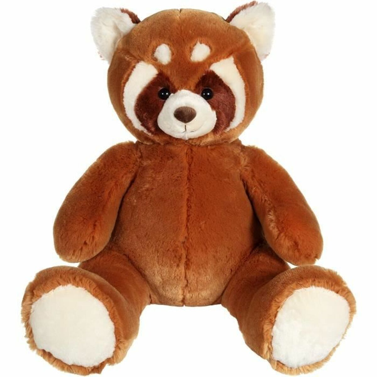 Un panda roux en peluche marron et moelleux avec des accents blancs sur le visage et les pattes est assis.