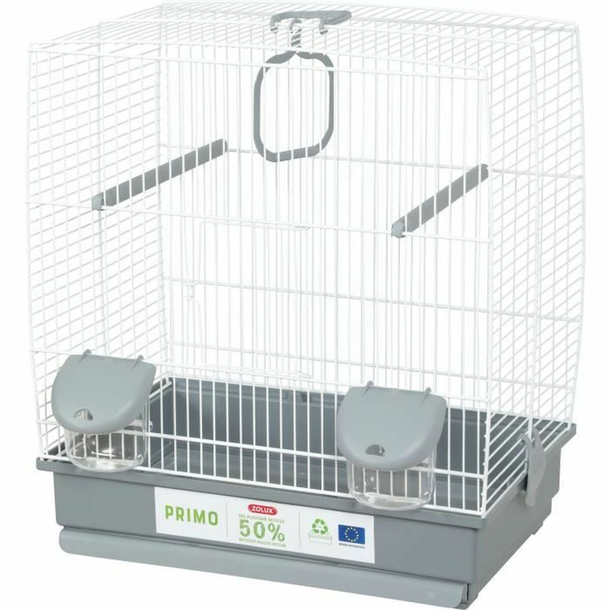 Ein weißer Vogelkäfig mit zwei Futternäpfen und Sitzstangen.