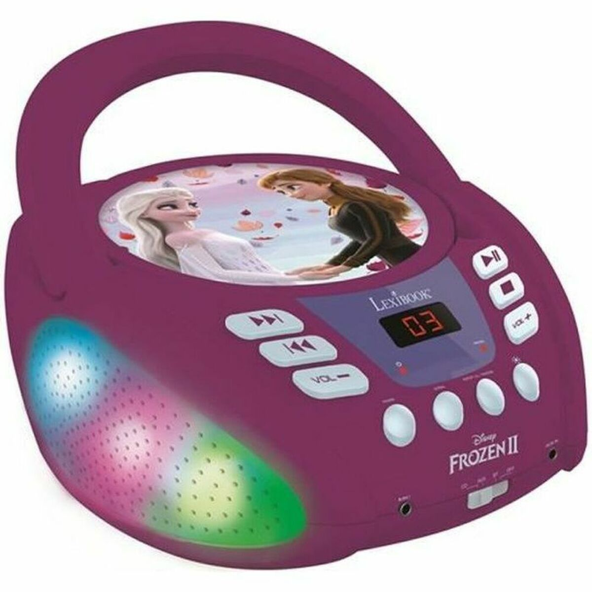 Reproductor de CD morado con Elsa y Anna, altavoces iluminados y botones.