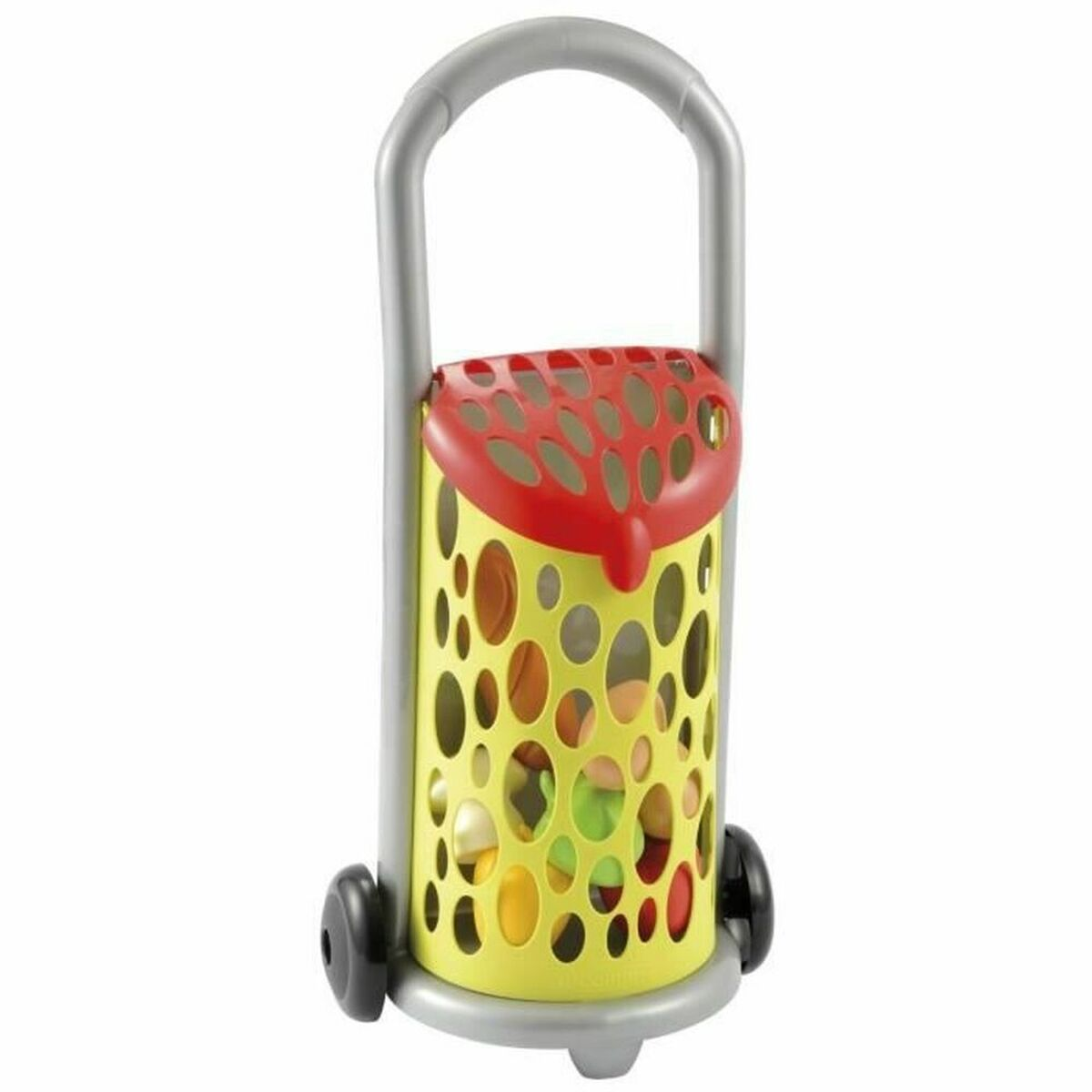 Ein gelber Spielzeug-Einkaufswagen mit roten und grauen Elementen und Rädern.