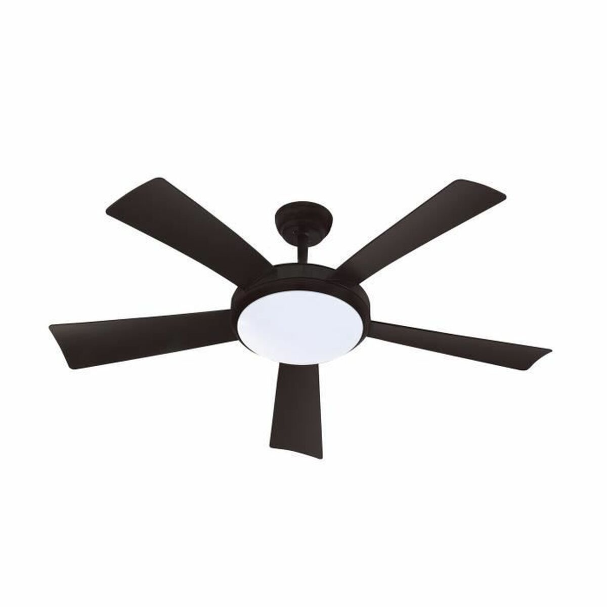 Ventilatore da soffitto marrone scuro a cinque pale con luce LED bianca integrata.