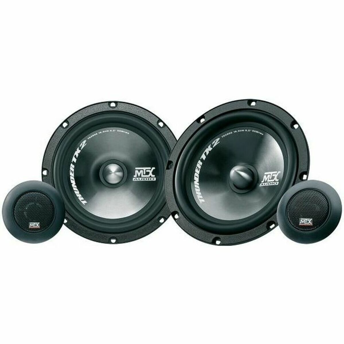 Zwei schwarze Autolautsprecher mit zwei kleineren schwarzen Hochtönern, alle mit silbernen Akzenten und MSX Audio Branding.
