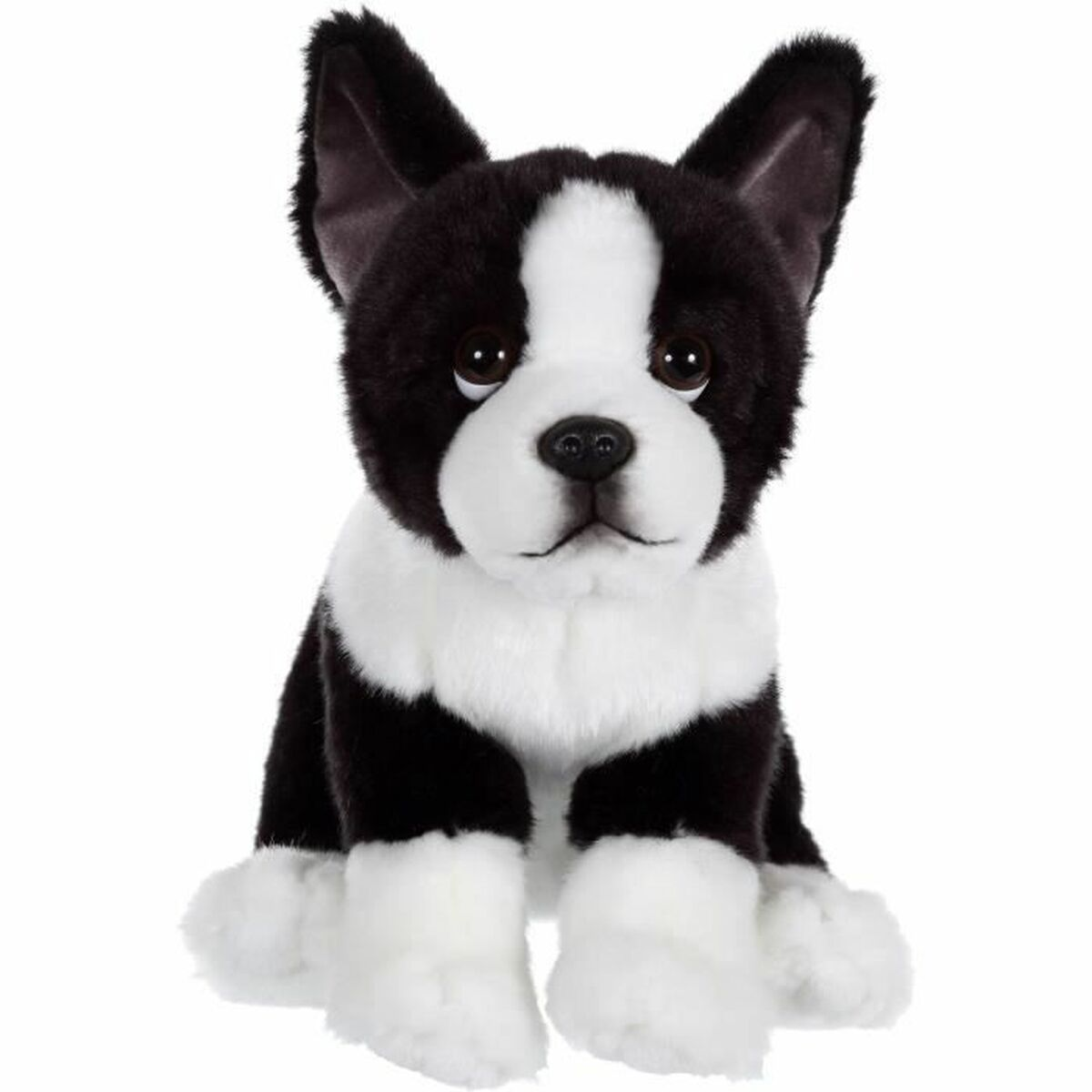 Un peluche sentado de Boston Terrier, blanco y negro, con orejas grandes.