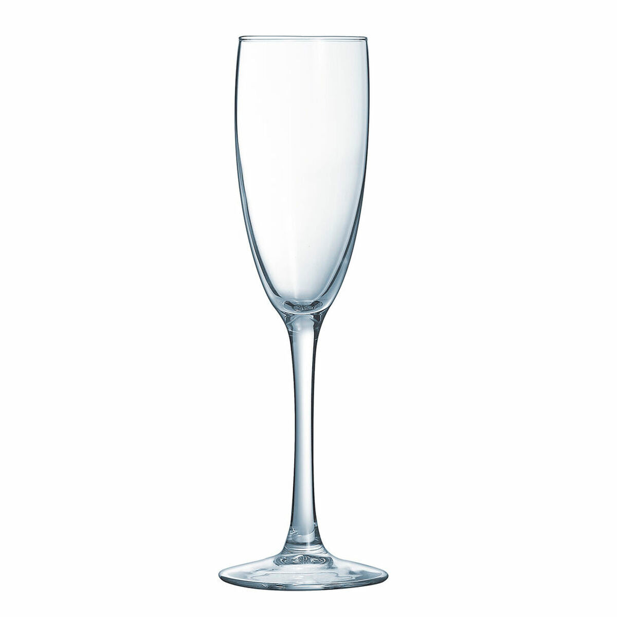 Ein klares Champagnerglas mit langem Stiel und runder Basis.