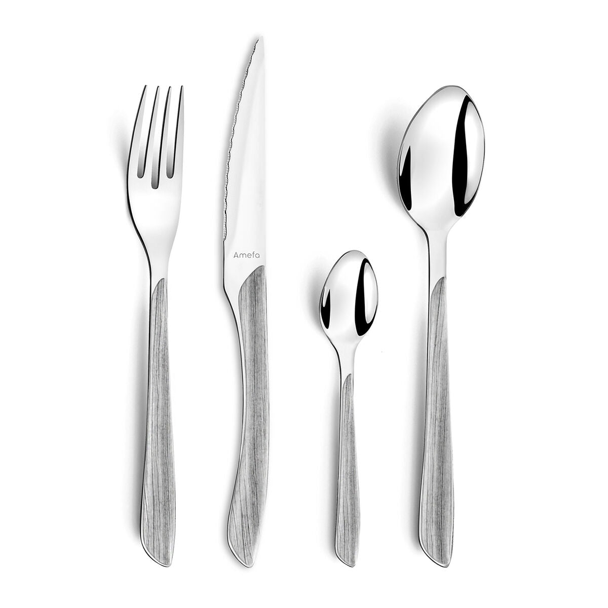 Besteck-Set mit vier Teilen: Gabel, Messer, kleiner Löffel, großer Löffel.