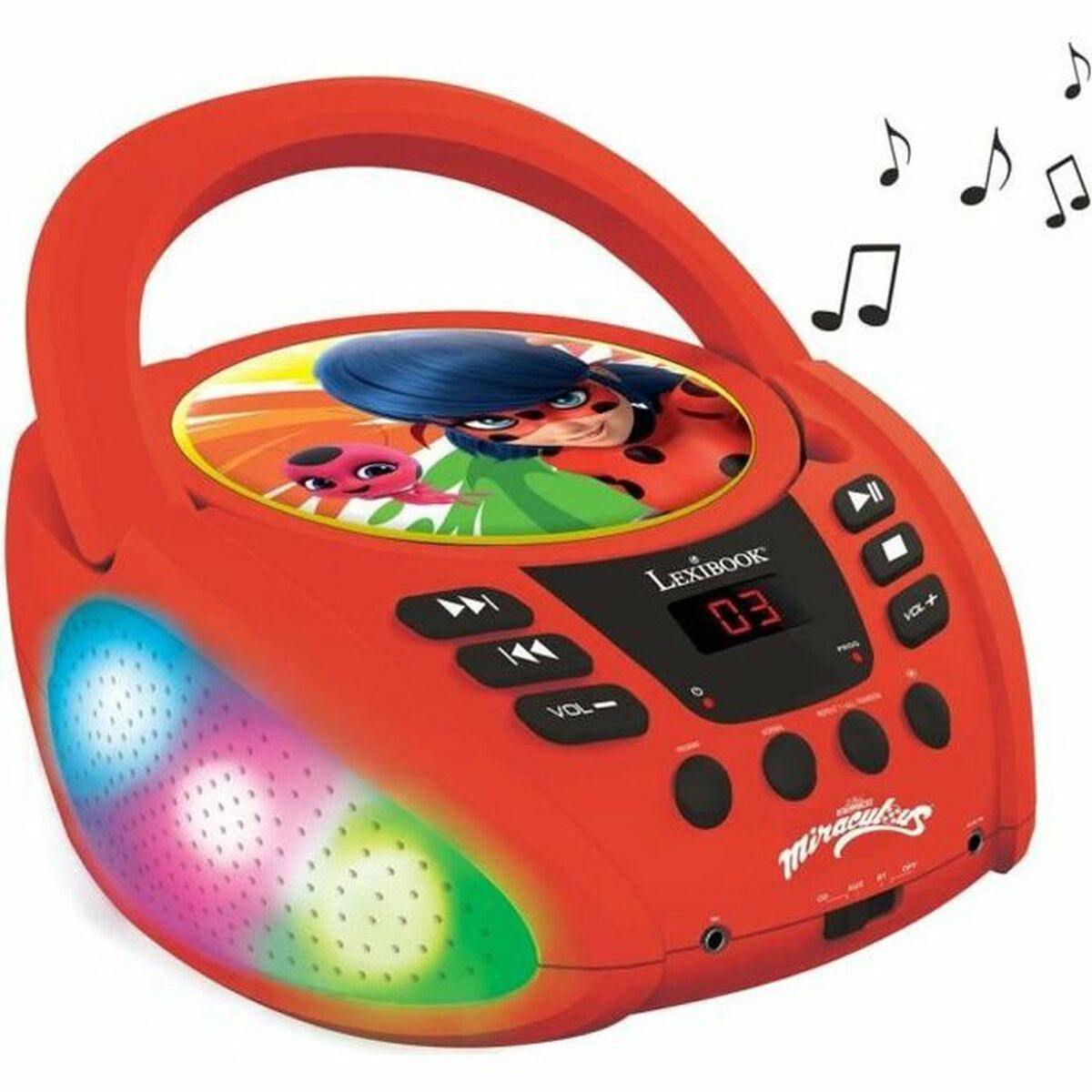 Ein roter CD-Player mit Miraculous-Motiv, bunten Lichtern und Noten.