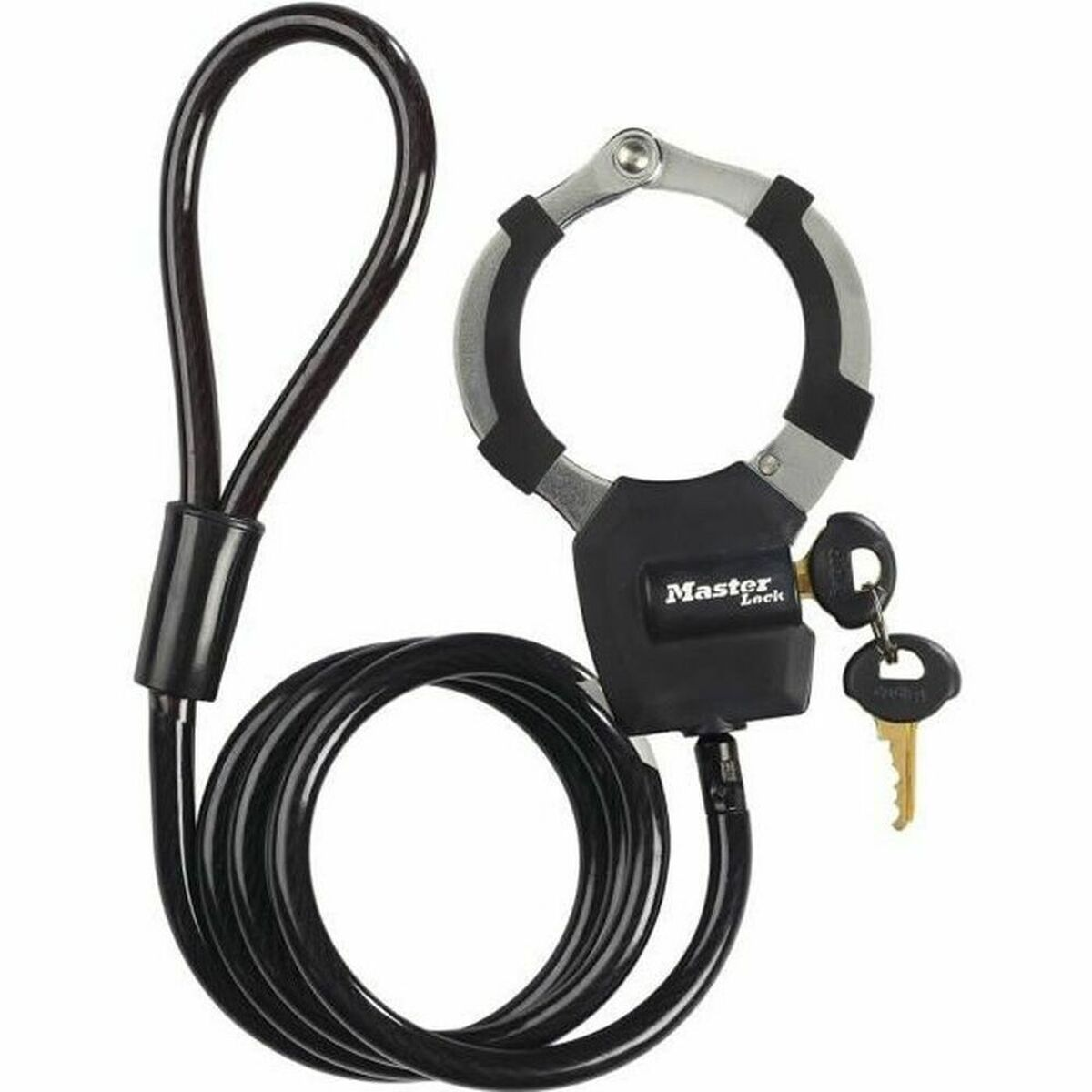 Un lucchetto in cavo Master Lock nero con due chiavi è mostrato su sfondo bianco.
