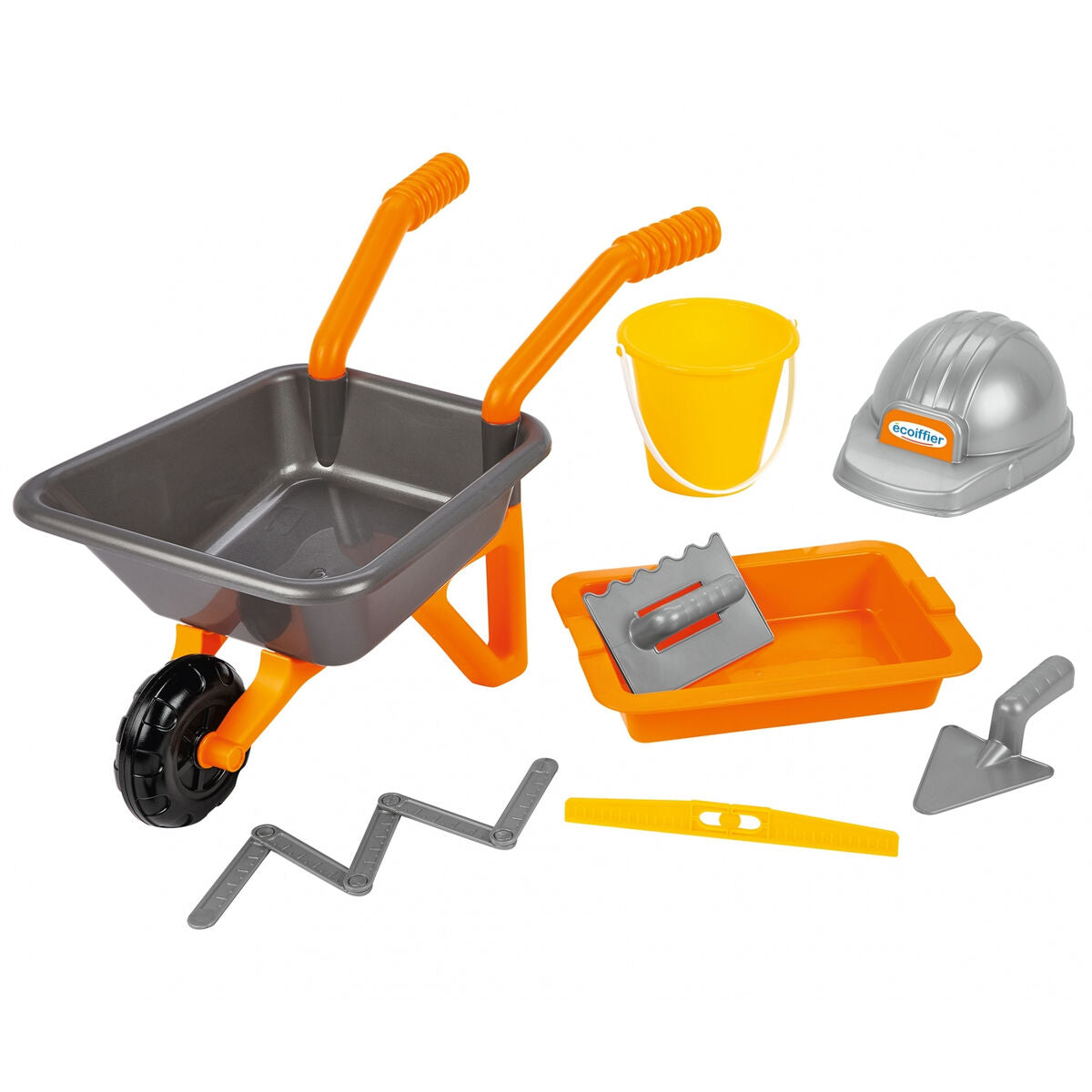 Juego de construcción de juguete: carretilla, cubo, casco, paleta, tina de mortero, regla y flexómetro.