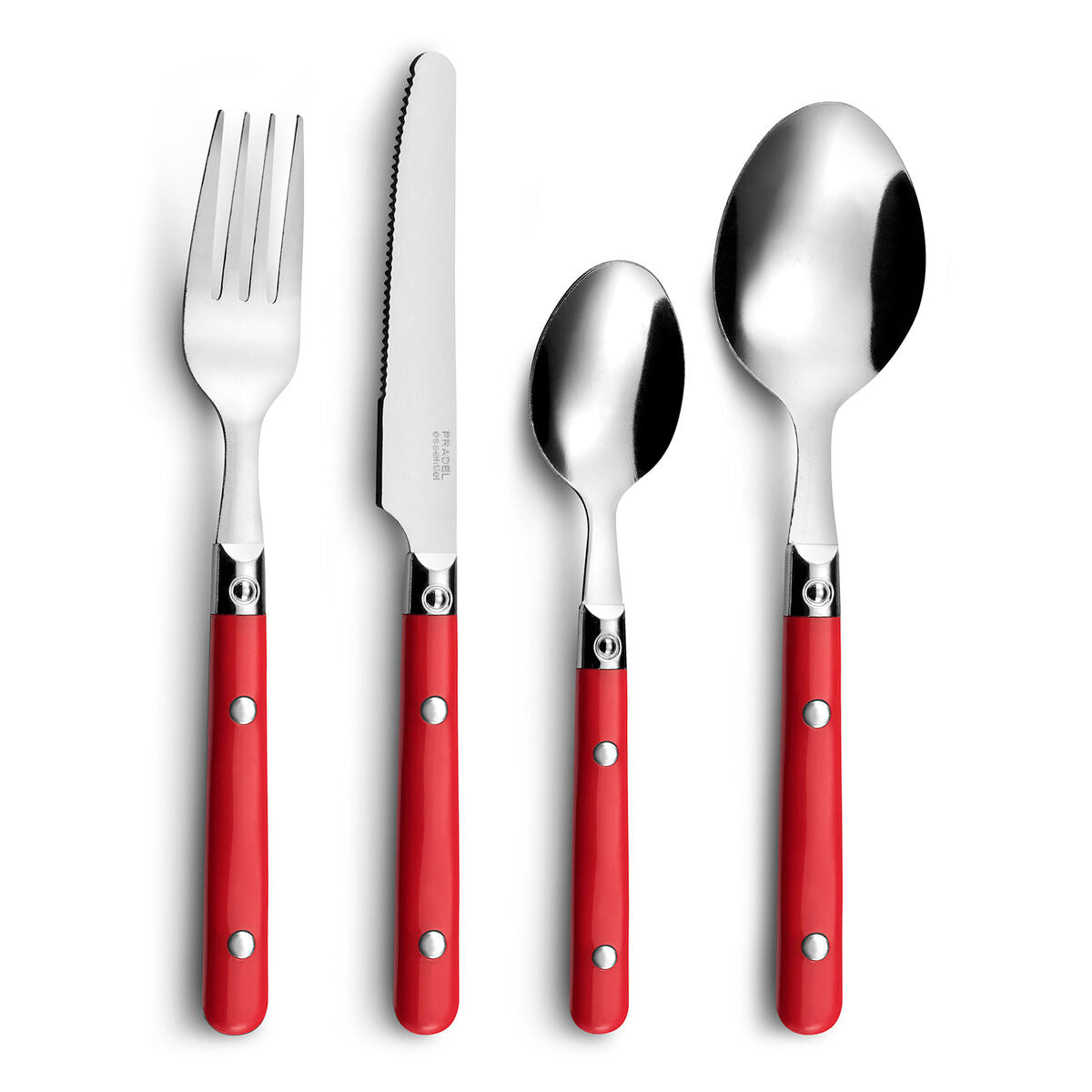 Quattro posate con manico rosso: forchetta, coltello, cucchiaino, cucchiaio grande.