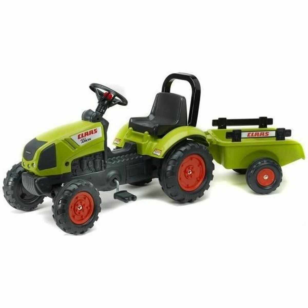 Grüner Spielzeugtraktor mit Anhänger, rot-schwarzen Rädern und Claas-Logo.