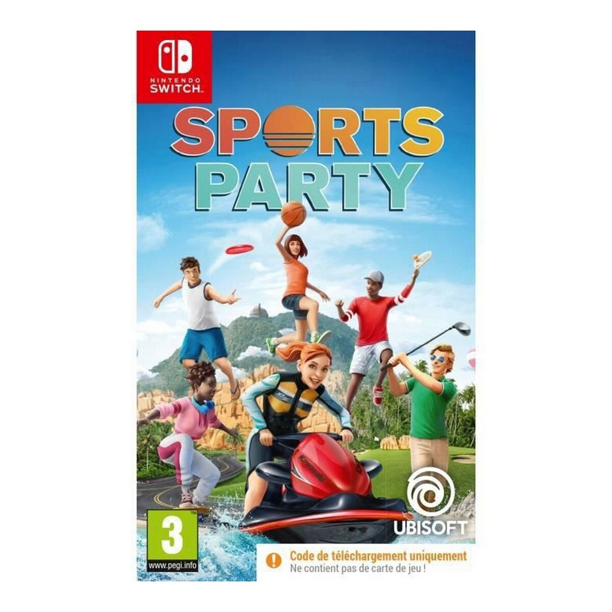 Spielcover: Nintendo Switch Sports Party mit sechs Personen, die verschiedene Sportarten ausüben.
