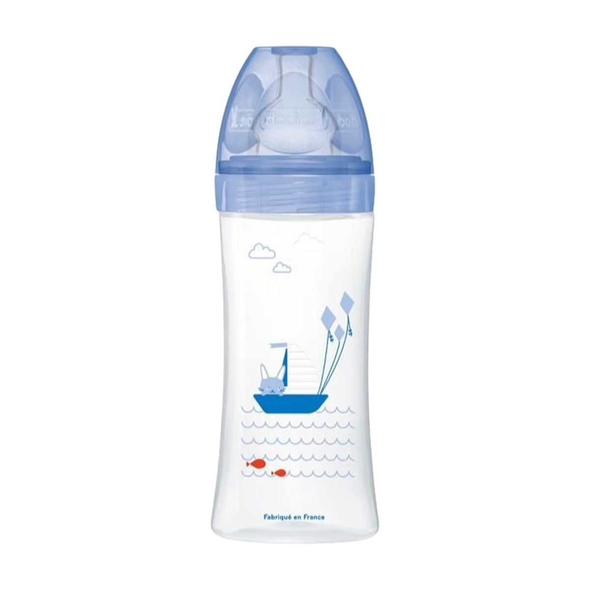 Eine blaue Babyflasche mit einem Boot, einem Hasen, Fischen und Wolken.