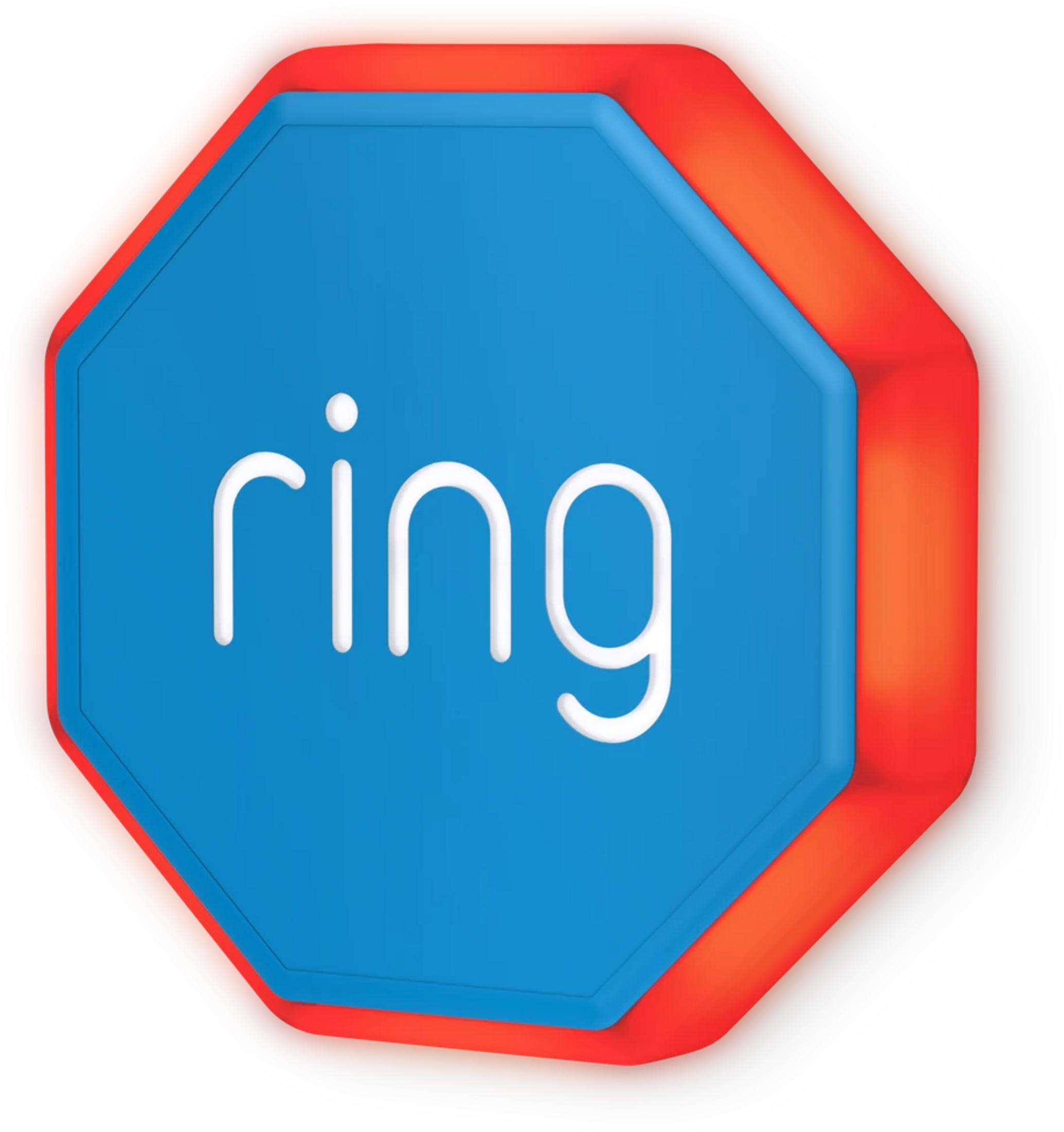 Un objeto octogonal azul con la palabra Ring en blanco y un borde rojo.