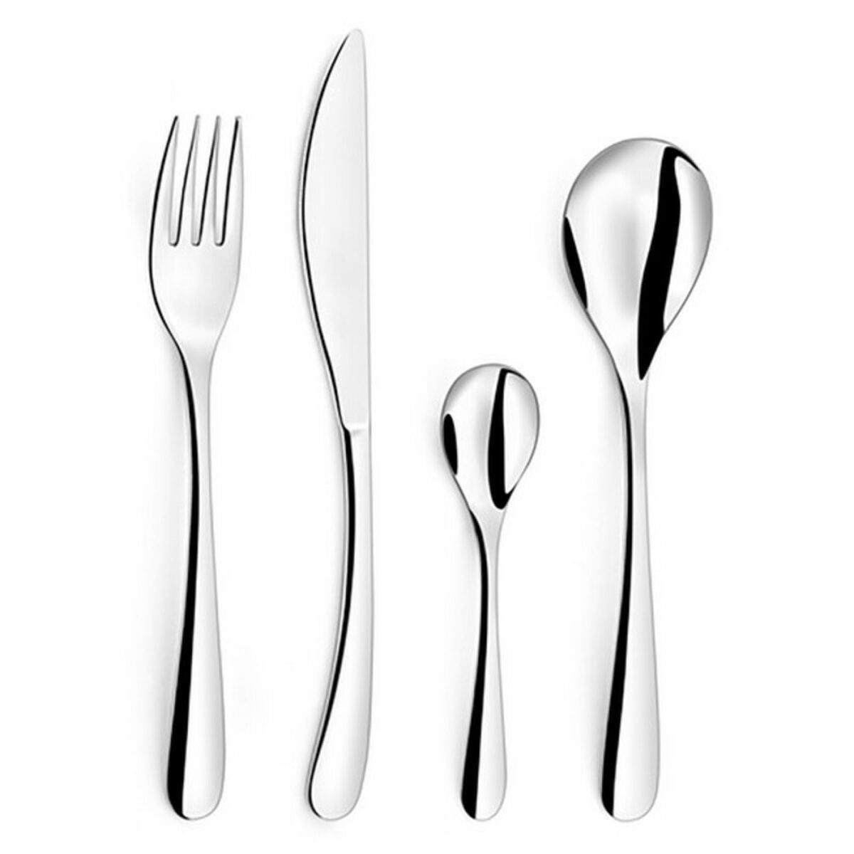 Ein Satz glänzendes Silberbesteck: Gabel, Messer, kleiner Löffel, großer Löffel.