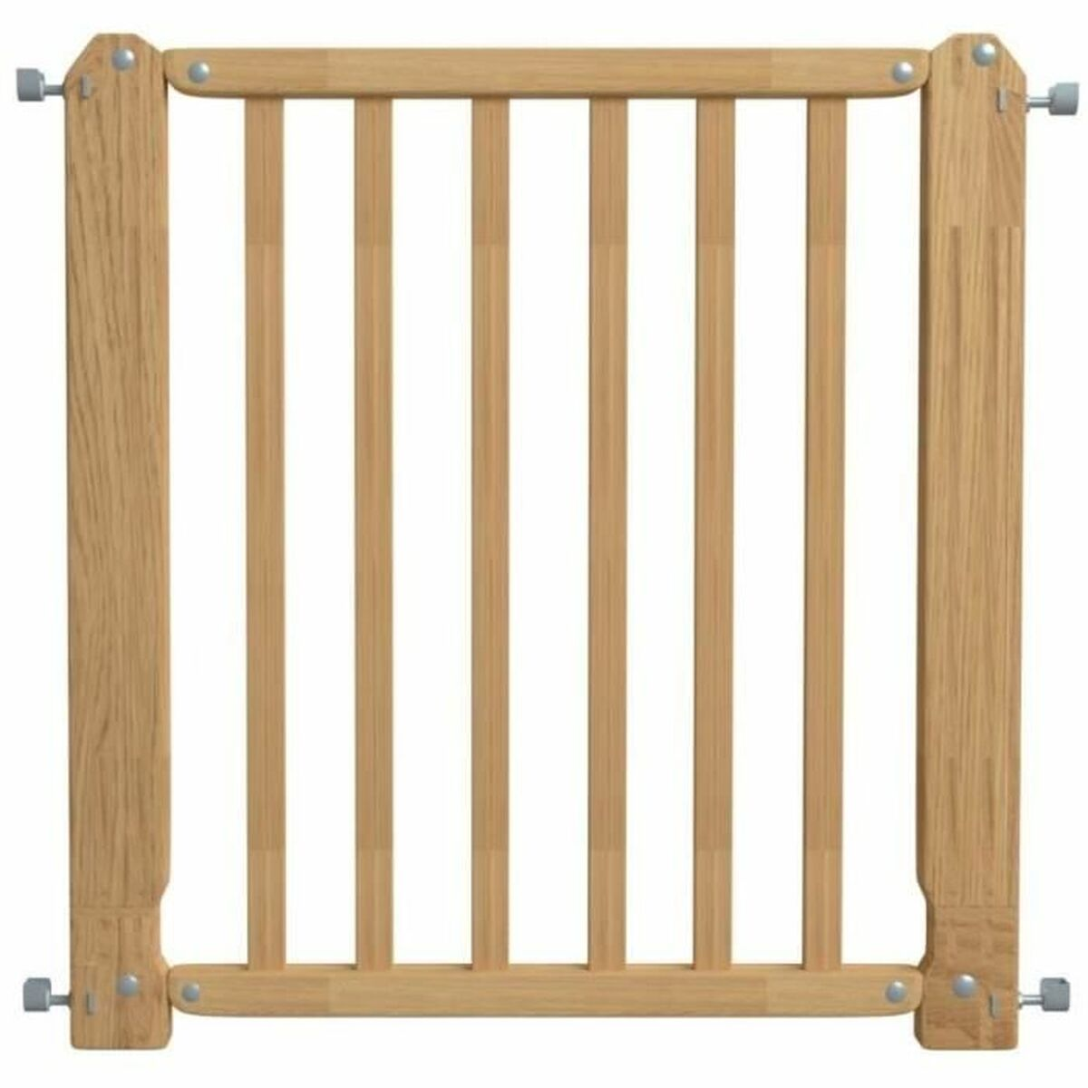 Ein hölzerner Babygitter mit vertikalen Sprossen und Metallbeschlägen.